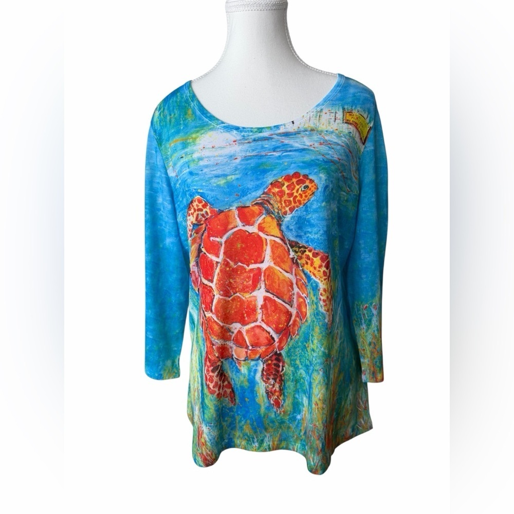 Leoma Lovegrove Sea Turtle Art Tunic Top L Coastal Florida Artist Wearable - Picture 2 of 5
